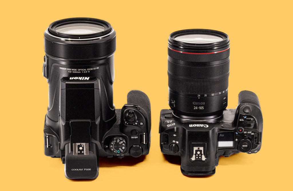 Nikon Coolpix P1100 and Canon EOS R5 side by side