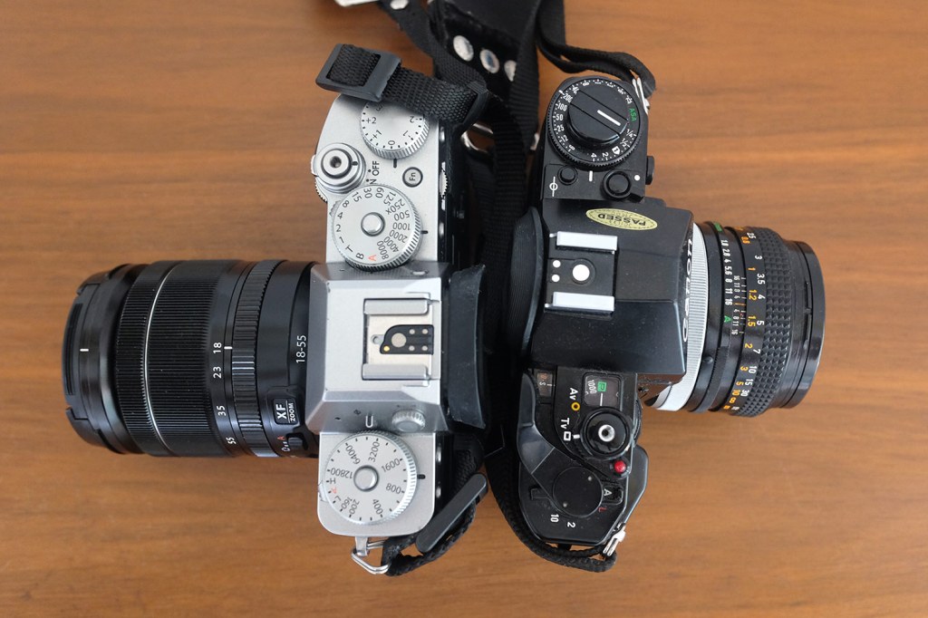 Fujifilm X-T3 next to Canon A-1 film camera. IR