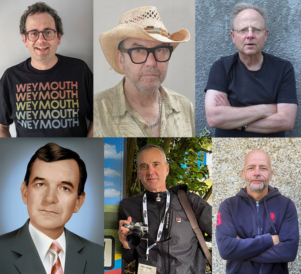 Weymouth's most wanted. Six Go Down to the Seasdie exhibitors, clockwise from top left: Si Jubb, Ian McKell, PAul Russell, Finnbarr Webster, Peter Dench & Martin Parr.