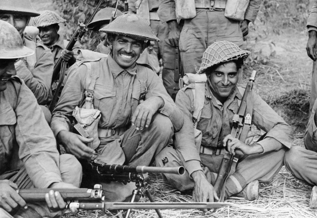 Indian Troops In Burma, 1944, An Indian infantry section of the 2nd Battalion, 7th Rajput Regiment about to go on patrol on the Arakan front, Burma, circa 1944. (Photo by No 9 Army Film & Photographic Unit/ Imperial War Museums via Getty Images)