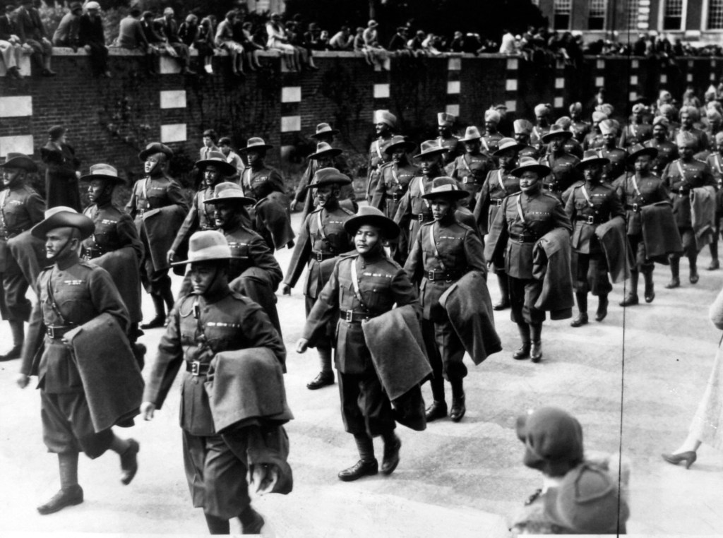 During World War 2, Gurkha troops march at Hampton Court, London, England, 1942. (Photo by Afro American Newspapers/Gado/Getty Images)