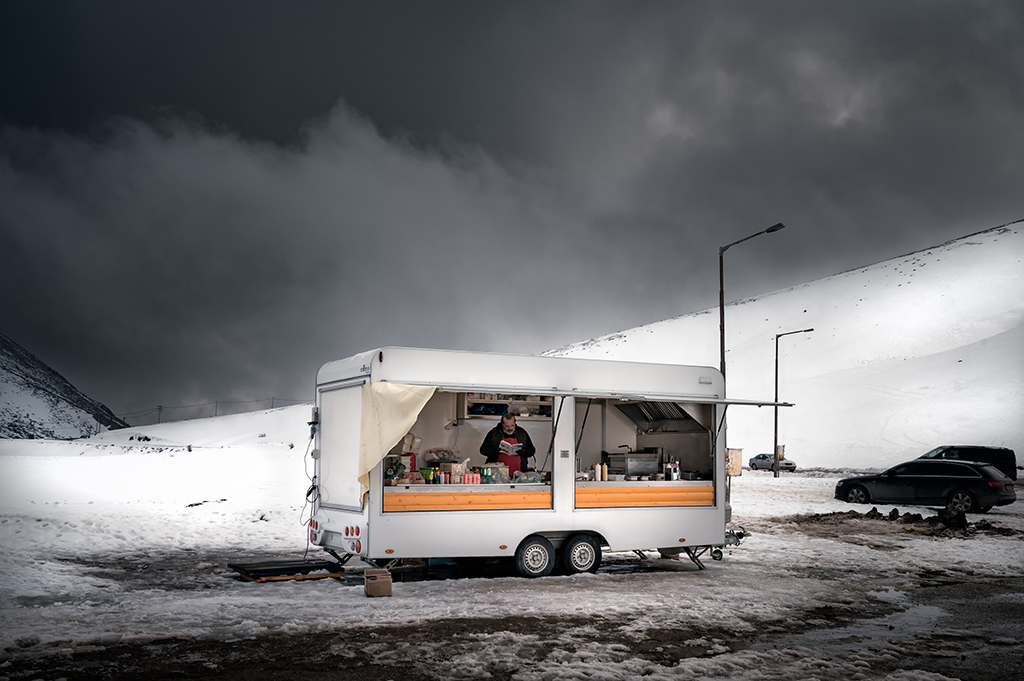 food van in middle of snowy landscape