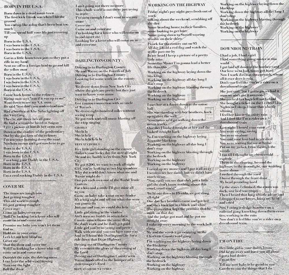 The inner sleeve lyric sheet of Born in the U.S.A. featured lyrics placed over an outside portrait of Bruce Springsteen. SINGLE USE ONLY. Copyright: Columbia Records/Annie-Leibovitz 