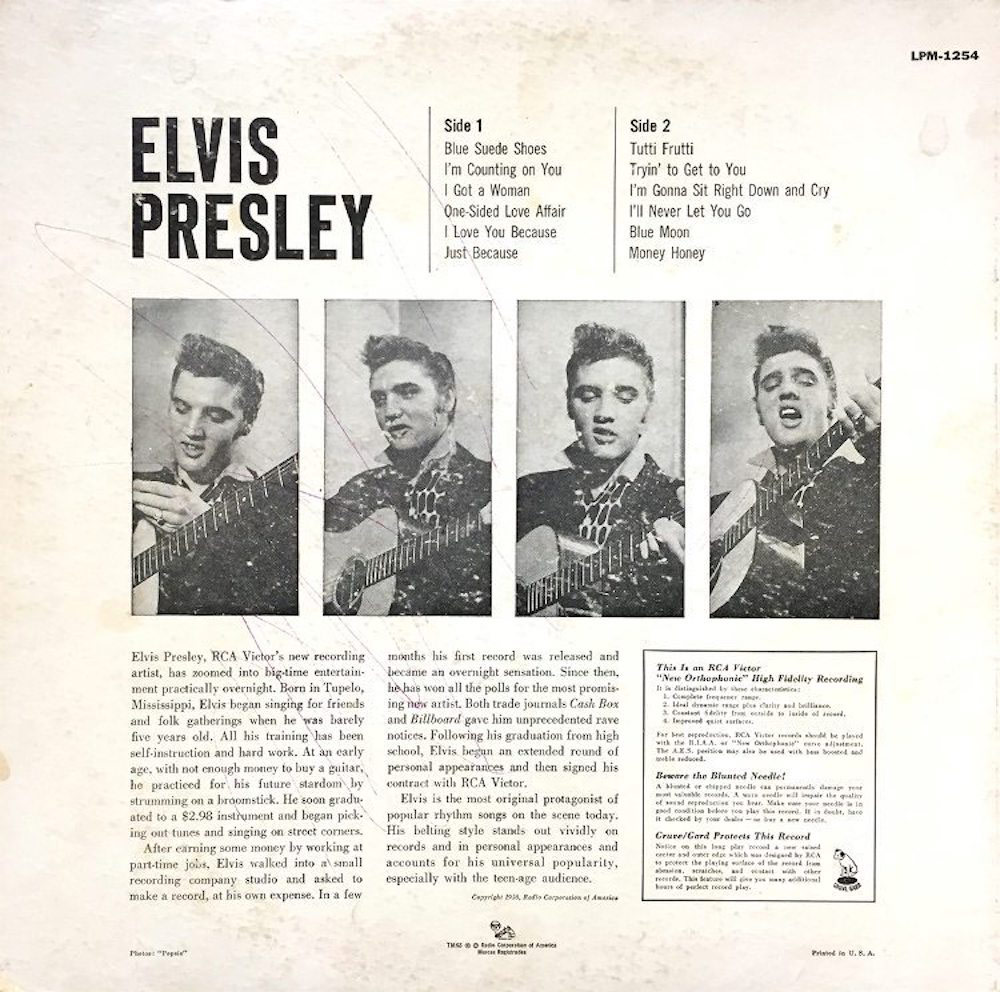 The original back cover of the Elvis Presley album features a photos credit for ‘Popsie’. Copyright: ‘Popsie’ Randolph/RCA Victor. SINGLE USE ONLY