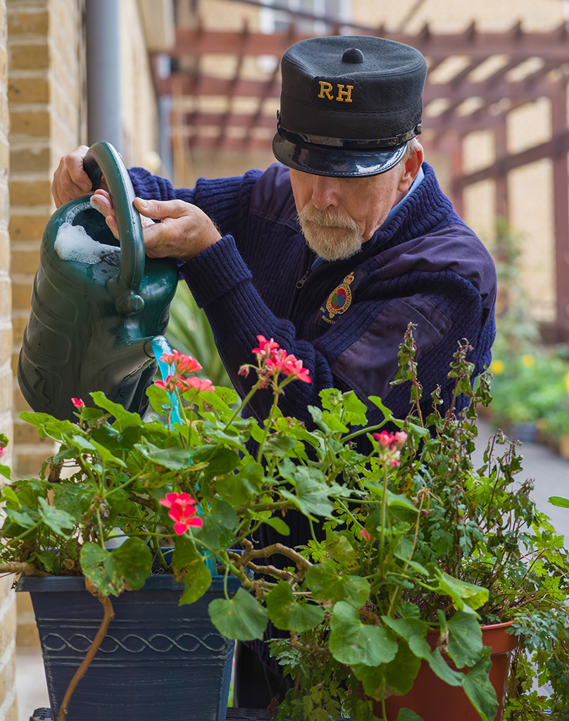 older man watering flowers