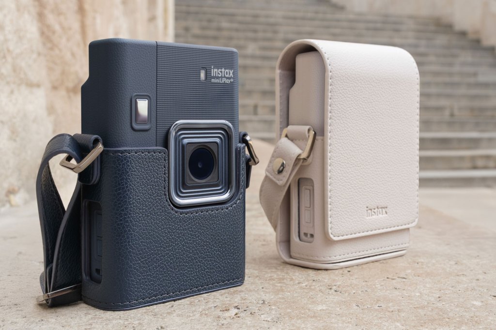 Fujifilm Instax Mini LiPlay+ in Midnight Blue and Sand Beige with matching cases