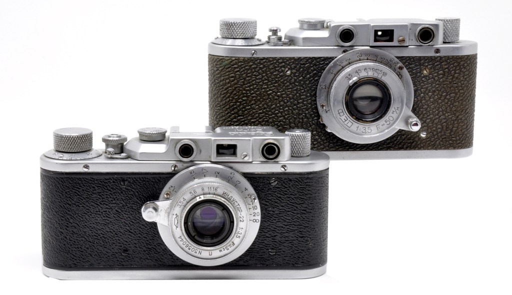 Pre-war Fed (above) and Zorki cameras that were both copies of the Leica II