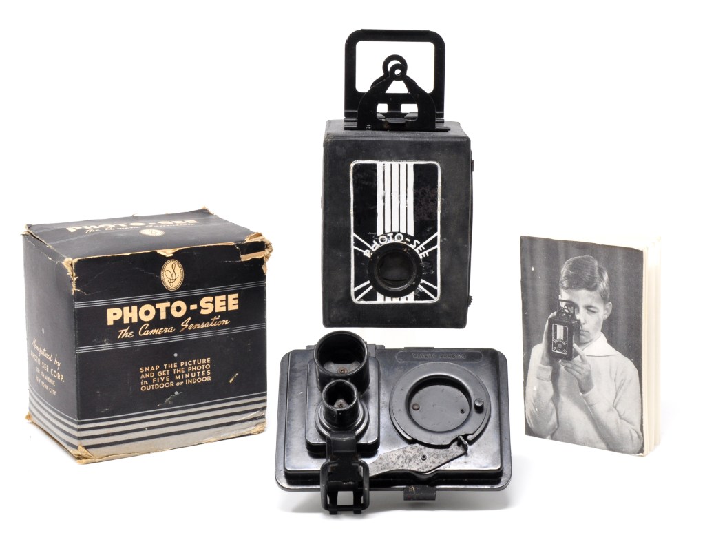 Photo-See camera, with its developing tank, original box and instruction book. Credit: John Wade
