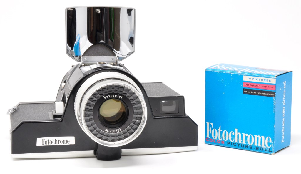 The short-lived Fotochrome, with a box of its film that produced direct positive colour prints. Credit: John Wade