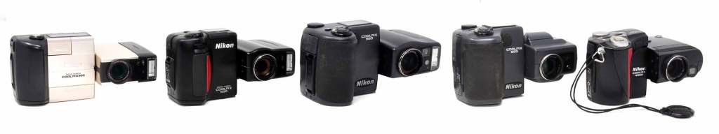 Nikon’s range of split-body cameras, left to right: Coolpix 900, 950, 990, 995 and 4500
