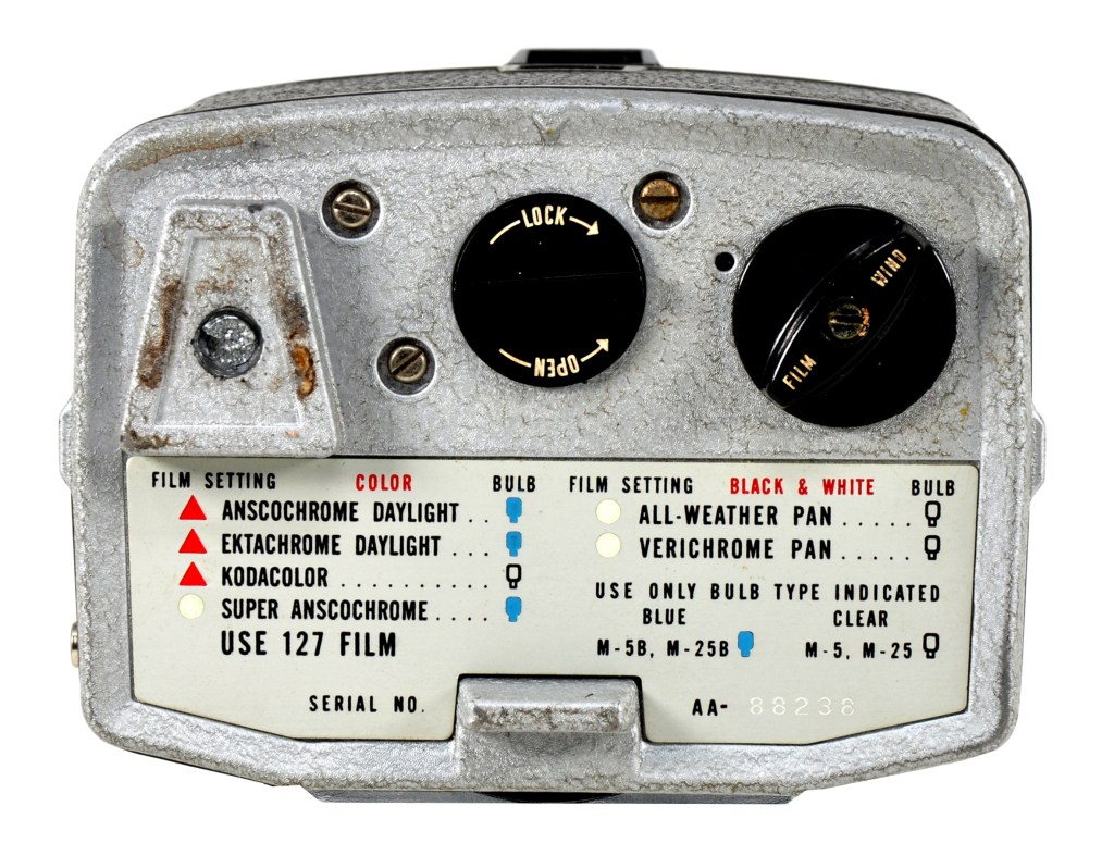 On the base of the camera, usable film types are shown plus recommended flashbulbs