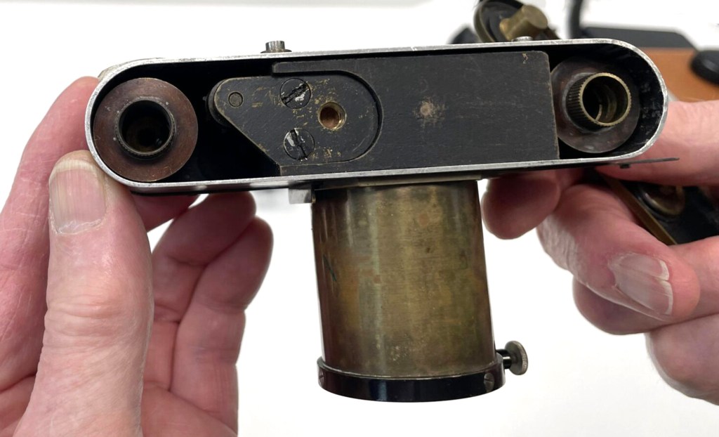 The exposure tester with its base open, again reminiscent of the Leica cameras that would follow (Picture courtesy of William Fagan)