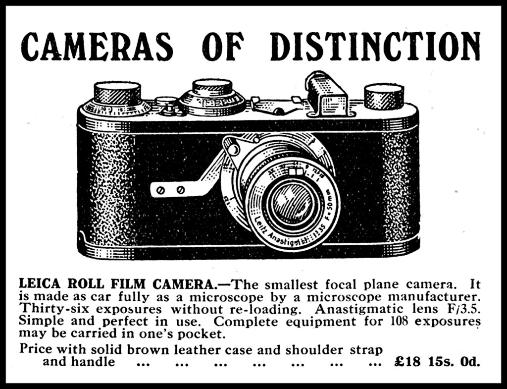 Advertisement from London dealer Ogilvy & Co for the Leica Ia which, in 1927, was still being described as having an Anastigmatic lens and priced at £18.15s (£18.75).