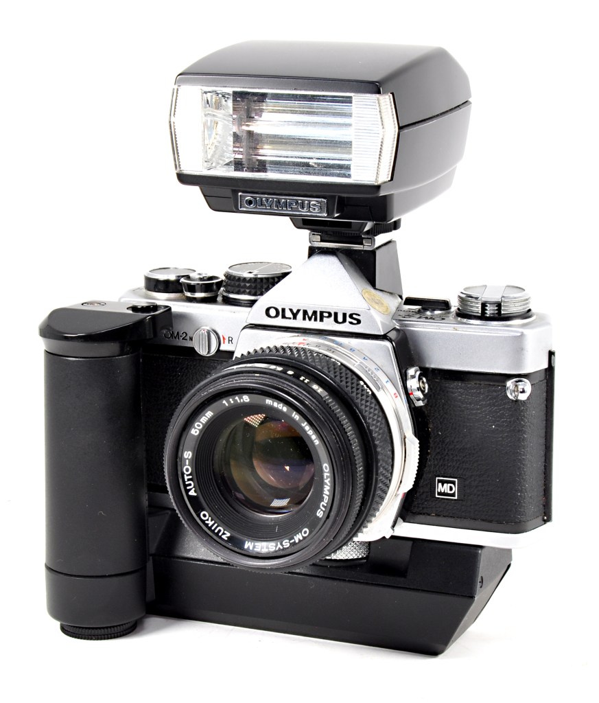 The Olympus OM-2N with T20 flashgun and OM Winder 2 fitted