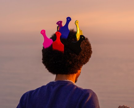 man with multicoloured afro combs in his hair