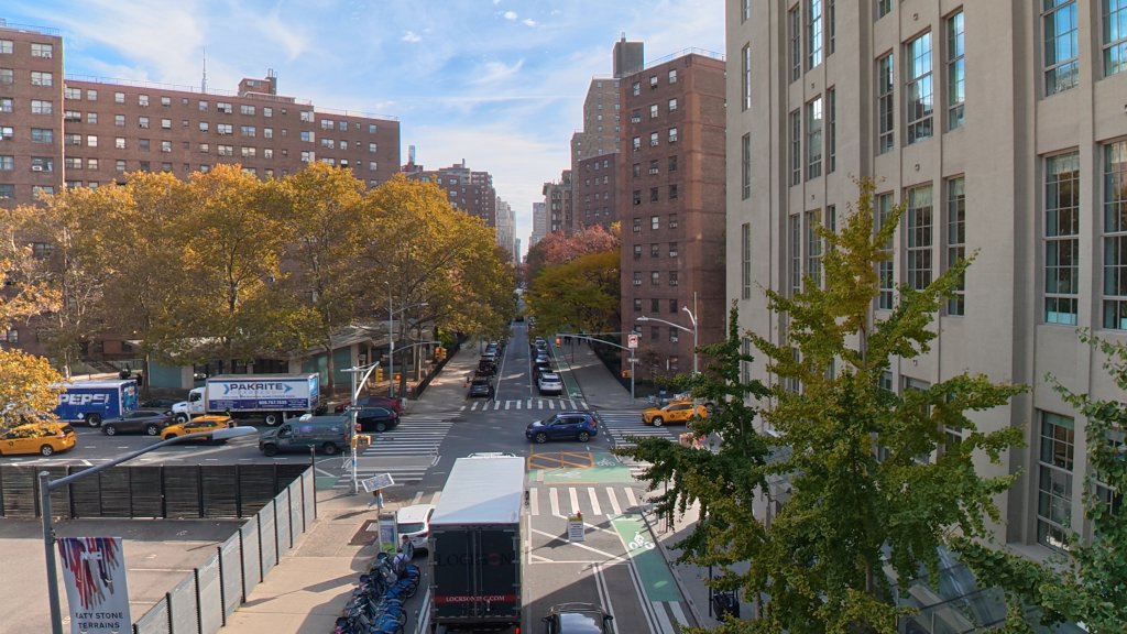 Sample image shot with DJI Osmo Action 6, showing New York crosswalk taken from a high vantage point