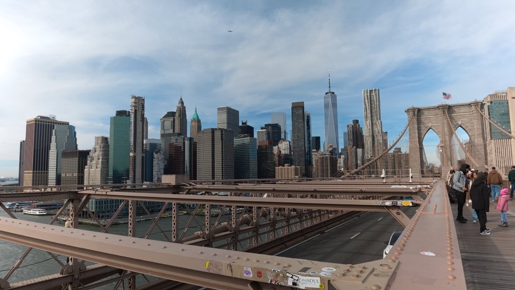 Image taken using the DJI Osmo Action 6, showing Manhattan skyline from Brooklyn Bridge