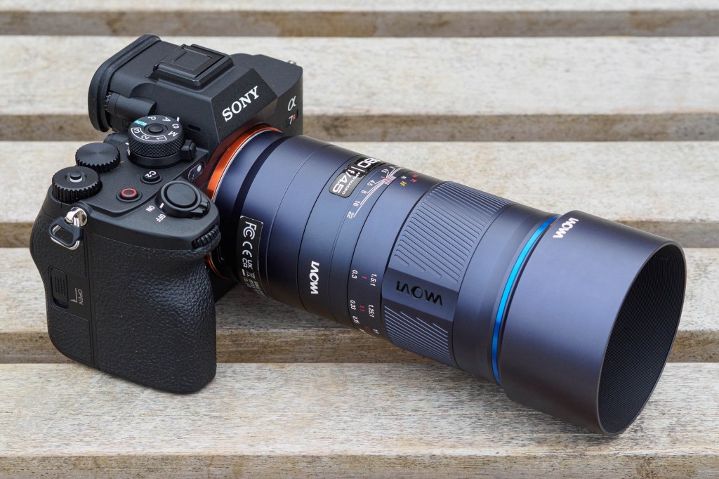 Laowa 180mm f/4.5 1.5x Ultra-Macro APO with hood fitted on the Sony A7R V