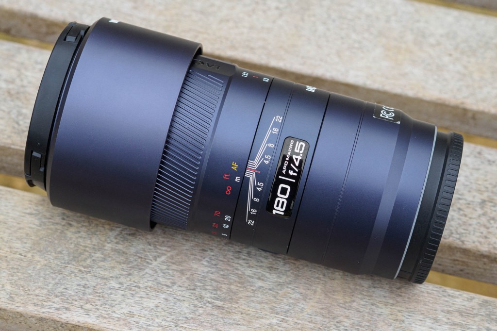 Laowa 180mm f/4.5 1.5x Ultra-Macro APO packed with caps and hood reversed