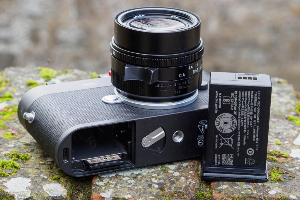 Leica M EV1 battery, SD card, and USB-C port