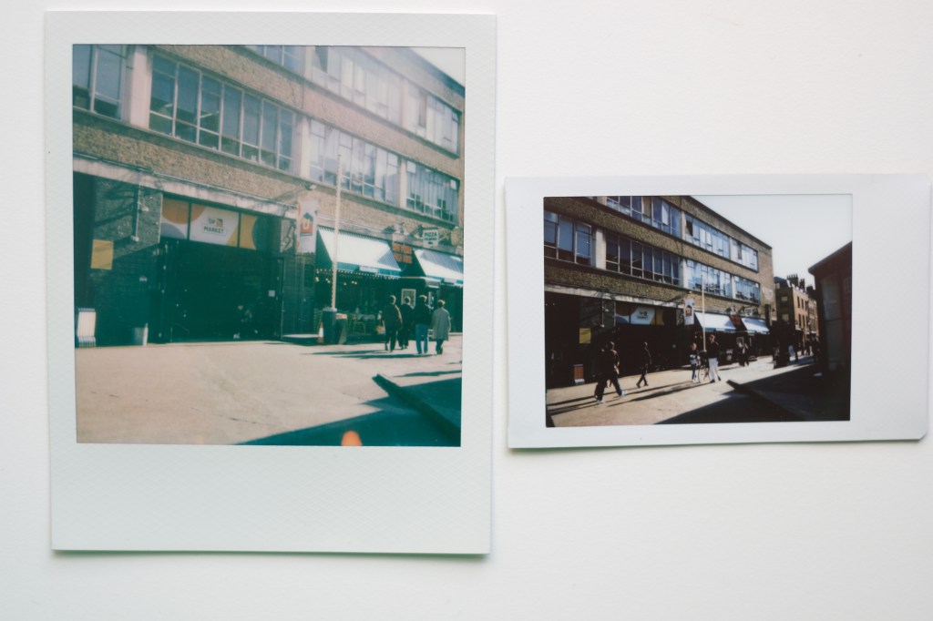 Polaroid I-Type and Instax Mini images side by side showing street scene in Brick Lane