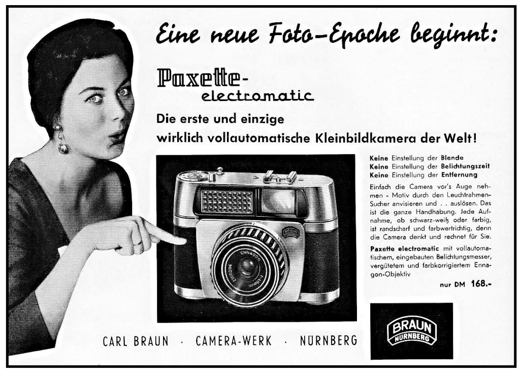 An early German advertisement for the Electromatic, translated reads: ‘The world's first and only truly fully automatic 35mm camera’