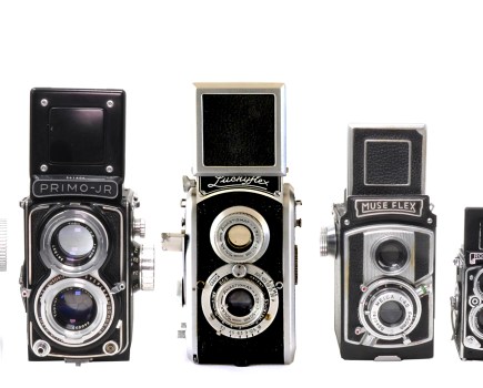 Similar design, many films, left to right: Rolleiflex Automat II (120), Primo Junior (127), Luckyflex (35mm), Museflex (Bolta), Sharan Roleiflex copy (Minox 9.5mm), Gemflex (17.5mm) and a Japanese non-working toy camera