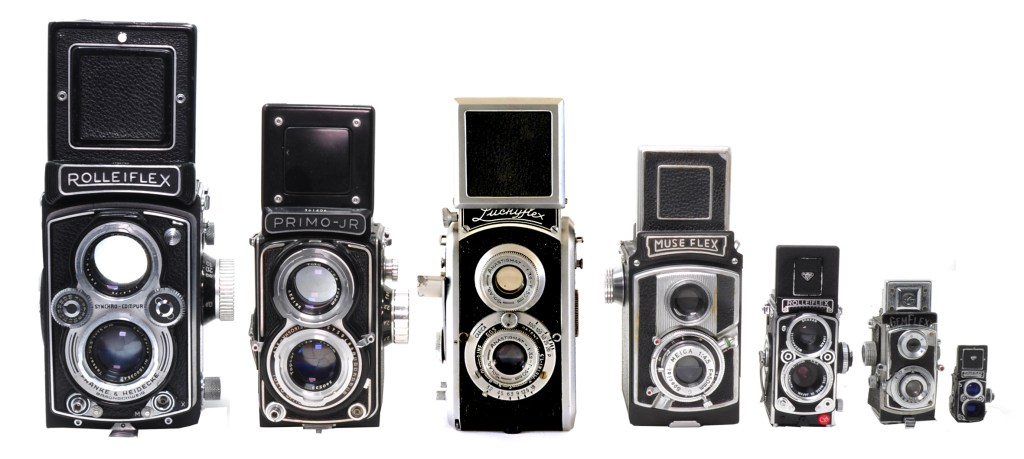 Similar design, many films, left to right: Rolleiflex Automat II (120), Primo Junior (127), Luckyflex (35mm), Museflex (Bolta), Sharan Roleiflex copy (Minox 9.5mm), Gemflex (17.5mm) and a Japanese non-working toy camera