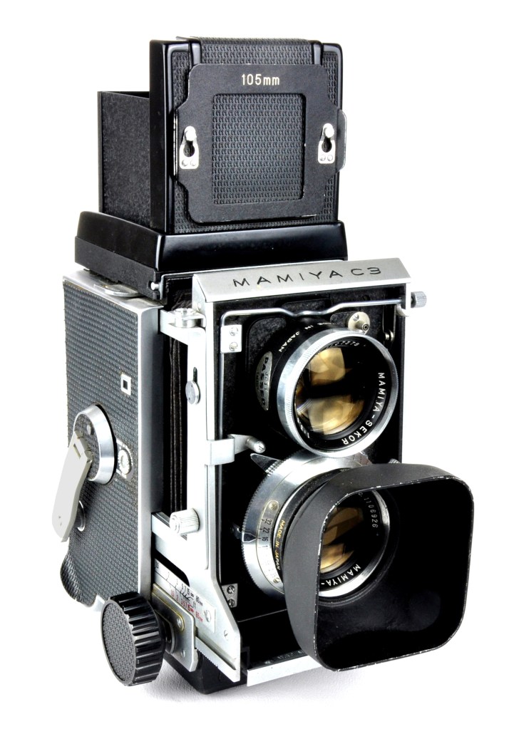 The Mamiya C3 with 105mmm lenses mounted and sports finder adapted for their field of view