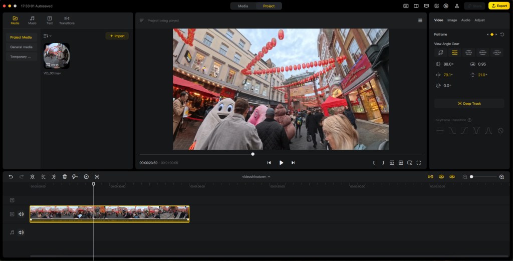 Screenshot of Insta360 Studio software being used to edit software using keyframes