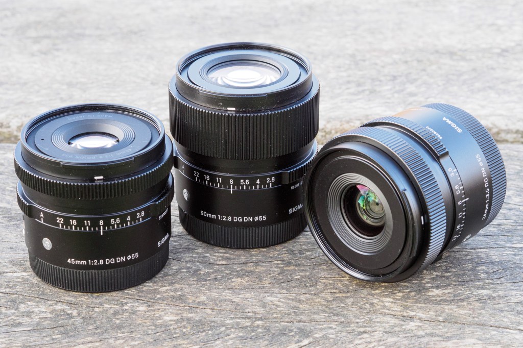 Sigma 24mm f/3.5, 45mm f/2.8, and 90mm f/2.8 i-series primes.