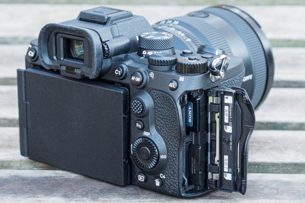 Sony Alpha A7 V memory card slots.