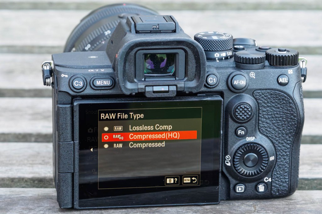 Sony Alpha A7 V raw file type menu.