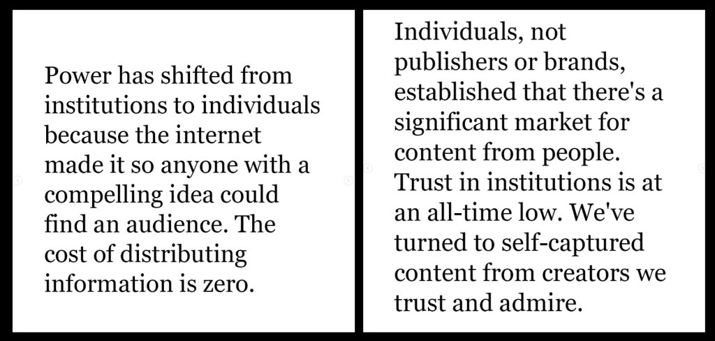 Mosseri says that power has shifted from institutions to individuals. I beg to differ - it has shifted to tech platforms like Meta's that get to decide who sees what. Even big institutions have to pay for visibility. As for loss of trust, Meta shoulders a lot of responsibility for that too