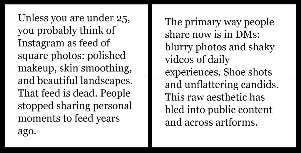 Two of the slides from Mosseri's post. In my opinion people stopped sharing personal photos to the feed because Instagram ruined the feed, replacing our friends' posts with ads. But that aside he says that the traditional feed of beautiful photos is dead. 