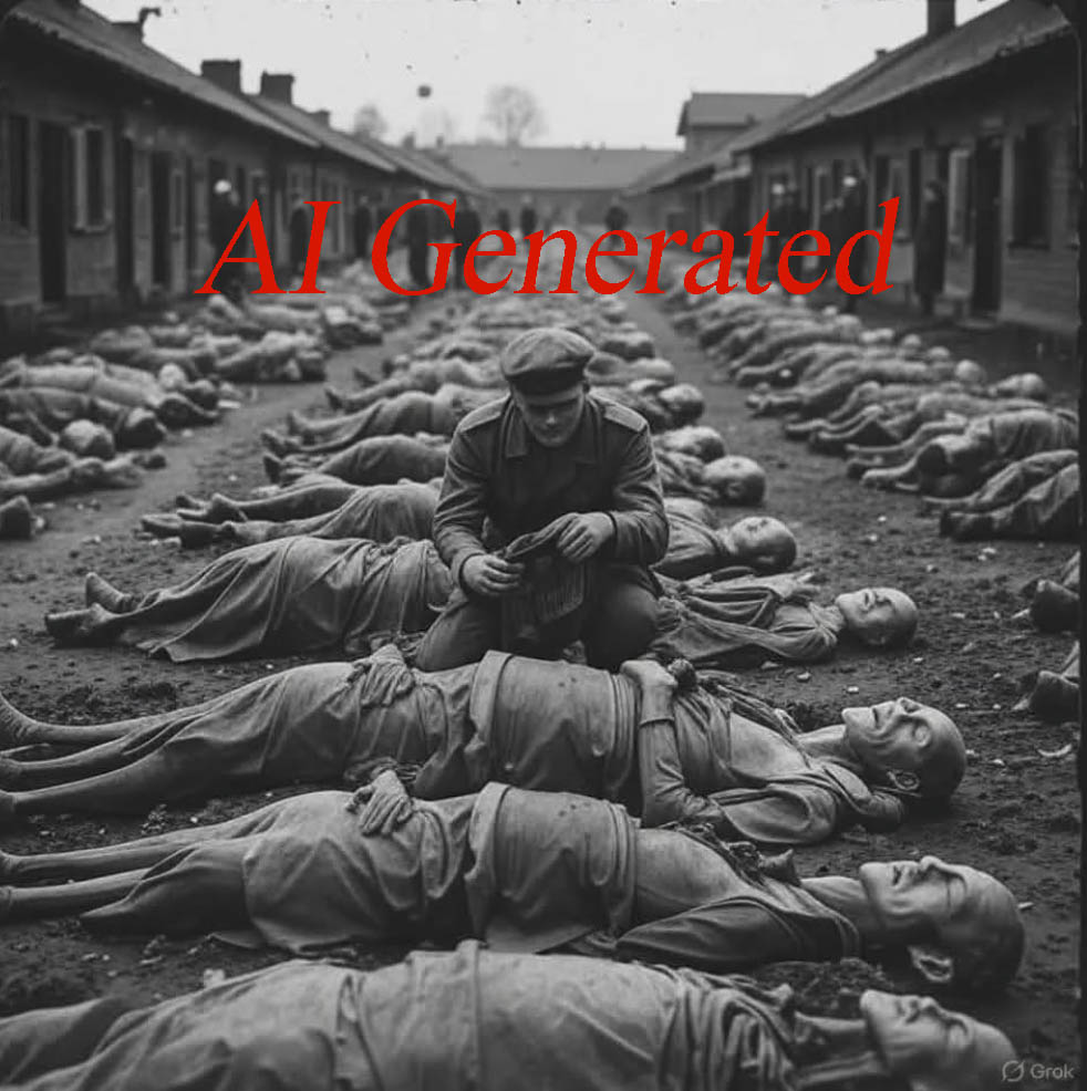 A scene supposedly set in Bergen-Belsen and posted on the Facebook site USA Memories. The word Grok in the bottom right identifies it as AI. Grok is an AI chatbot from xAI, Elon Musk's company
