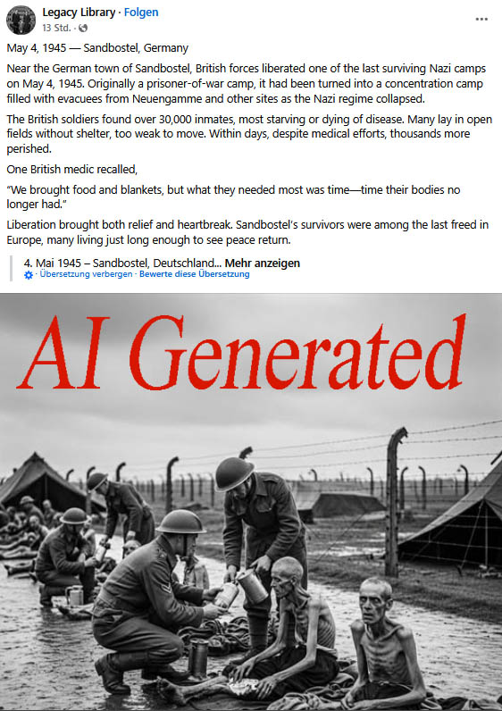 An AI image posted on Facebook and identified as AI by researchers at the Sandbostel concentration camp memorial site