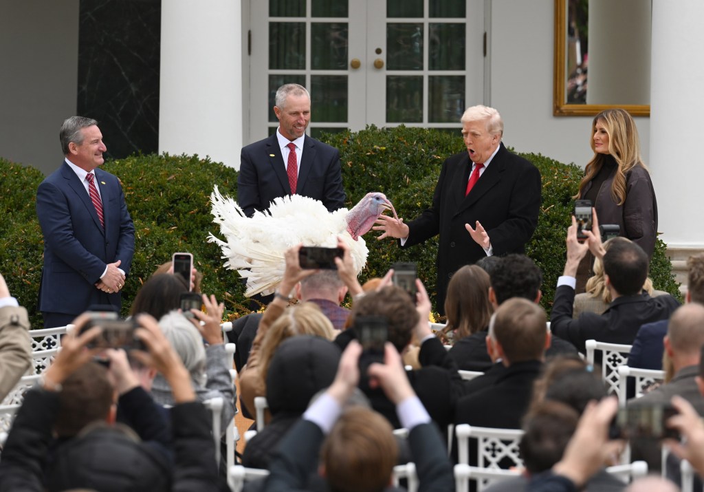 WASHINGTON, DC - NOVEMBER 25: U.S. President Donald Trump and first lady Melania Trump attend the annual Thanksgiving turkey pardoning ceremony at the White House Rose Garden on November 25, 2025 in Washington DC. Waddle and Gobble, who had their names chosen by the public online, were pardoned by President Donald Trump and first lady Melania Trump Tuesday in the annual tradition that spares two Thanksgiving turkeys from becoming the centerpiece of a holiday meal. (Photo by Chen Mengtong/China News Service/VCG via Getty Images)