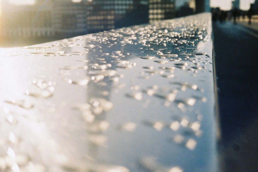 Lomography MC-A, 35mm film camera sample photo, close-up of railings with water beads