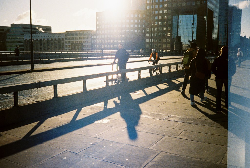Lomography MC-A, 35mm film camera sample photo, high contrast street scene london