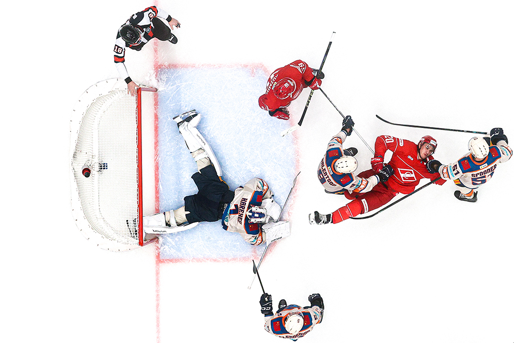 Moscow, Russian Federation, Megasport Stadium.
Kontinental Hockey League. "Spartak" (Moscow) vs "Shanghai Dragons" (Shanghai).
Players of "Shanghai Dragons" (in white) and "Spartak" (in red) during the match.