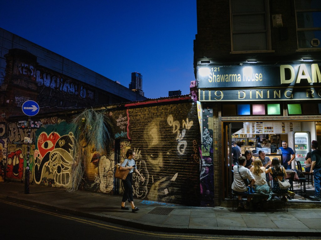 A Lebanese late night meal on atmospheric Brick Lane. London, UK. July 10, 2025. Photo: Edmond Terakopian