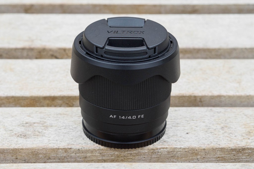 Viltrox AF 14mm f/4 Air packed with caps and hood reversed
