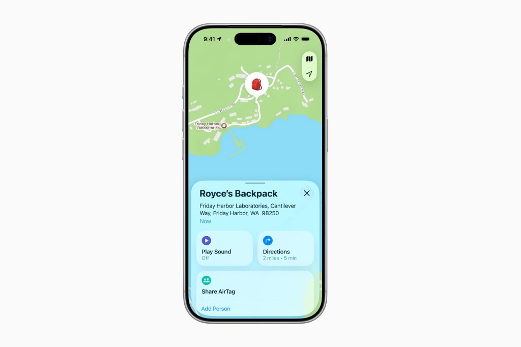 An iPhone showing the location of an AirTag.