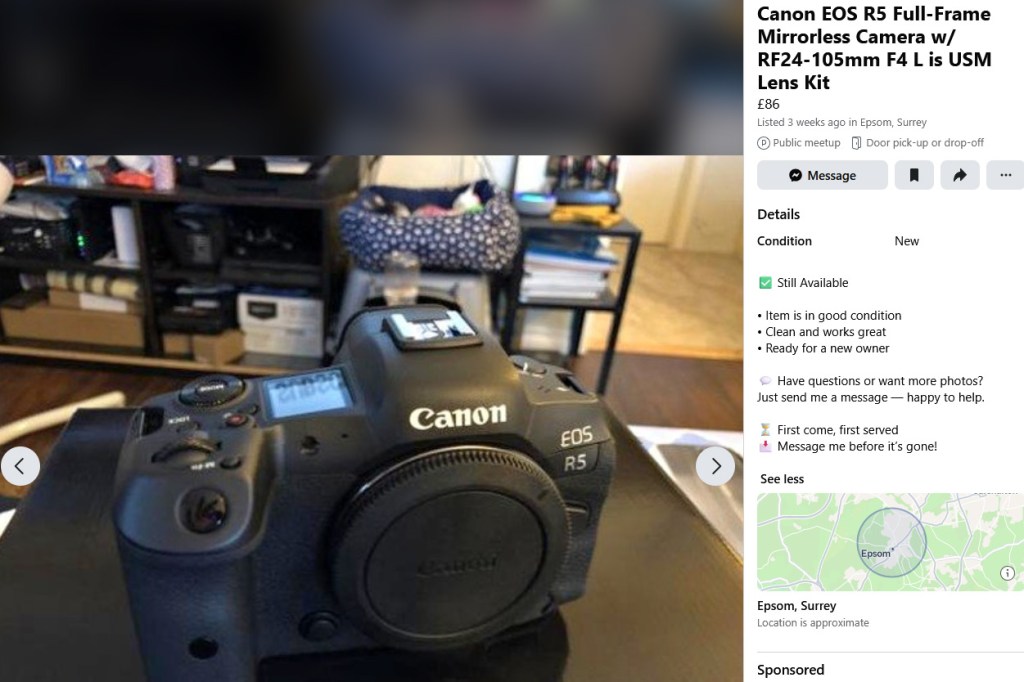 Facebook marketplace listing - 12/01/2026 - this listing has been online for at least 3 weeks. Screenshot 12/01/2026