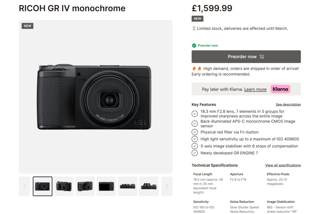 Ricoh's online store, screenshot January 2026.