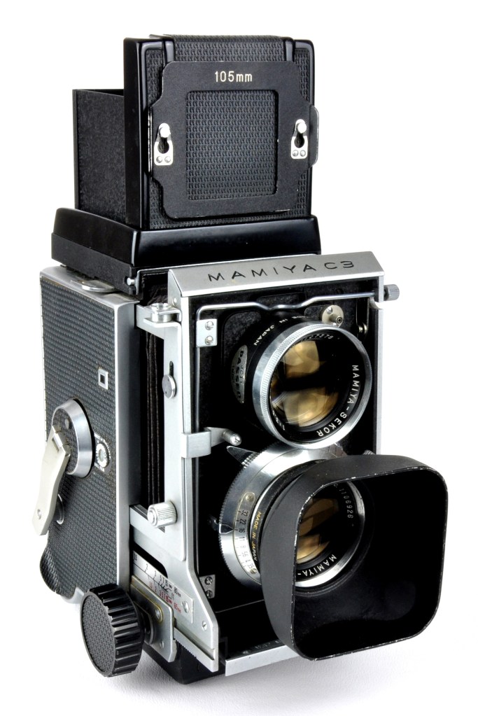 Mamiya C3 with traditional waist-level viewfinder.