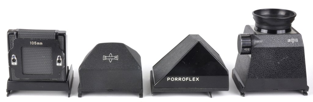 Four viewfinders for Mamiyaflex cameras: waist-level, prism, porroflex and magnifying types