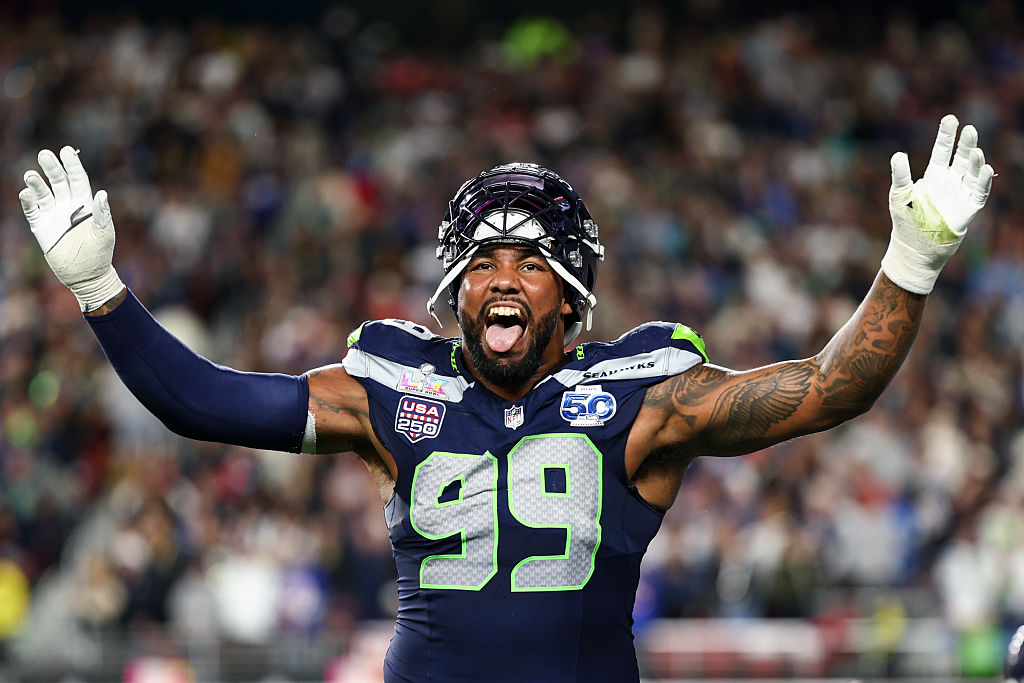 SANTA CLARA, CALIFORNIA - FEBRUARY 8: Leonard Williams #99 of the Seattle Seahawks celebrates after a touchdown during the fourth quarter of the NFL Super Bowl LX football game against the New England Patriots, at Levi's Stadium on February 8, 2026 in Santa Clara, California. (Photo by Kevin Sabitus/Getty Images)