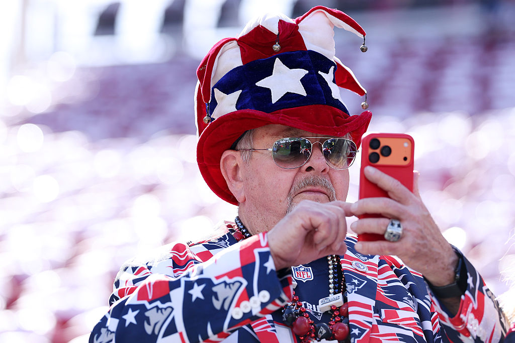 SANTA CLARA, CALIFORNIA - FEBRUARY 08: A New England Patriots fan look son before Super Bowl LX between the Seattle Seahawks and the New England Patriots at Levi's Stadium on February 08, 2026 in Santa Clara, California. (Photo by Kevin C. Cox/Getty Images)
